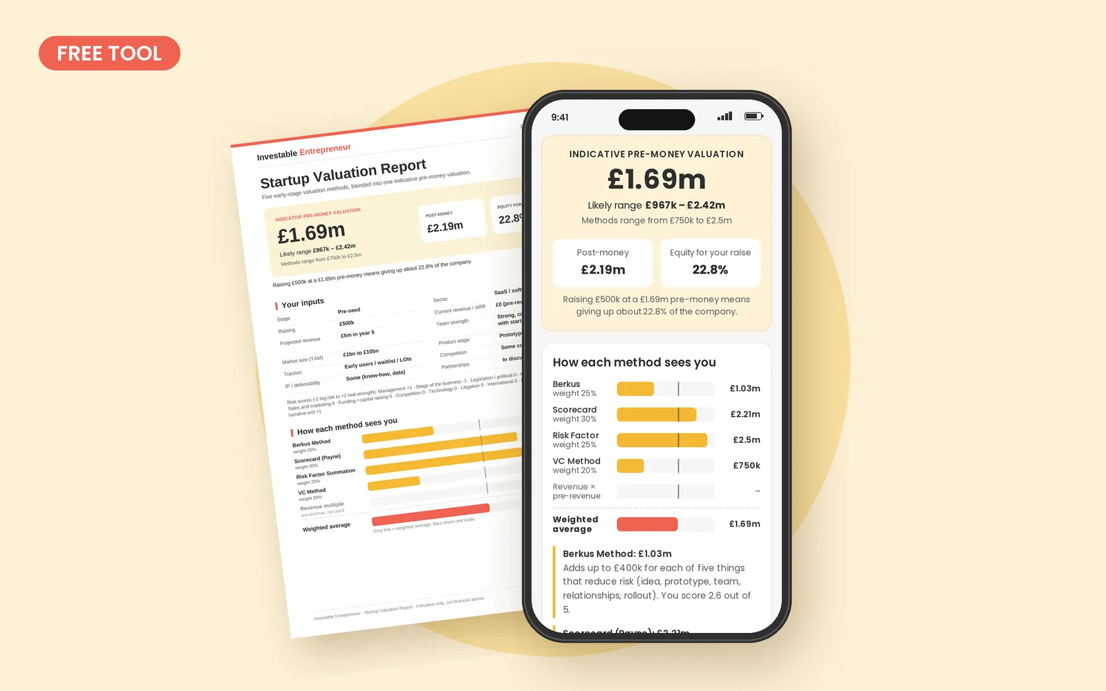 Startup Valuation Calculator shown on a phone, with an indicative pre-money valuation and a PDF report