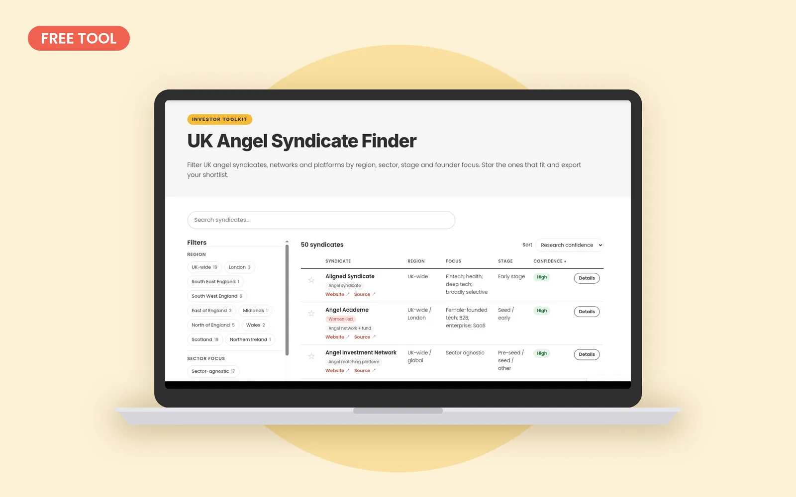 UK Angel Syndicate Finder shown on a laptop, listing UK angel syndicates